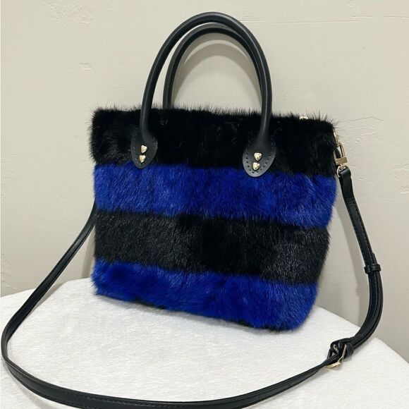 Striped Colorblock Handmade Real Mink Fur Mini Tote, Top Handle Bag, Crossbody - Picture 11 of 16